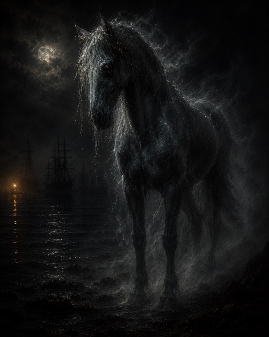 An ethereal dead horse at a moonlit harbor